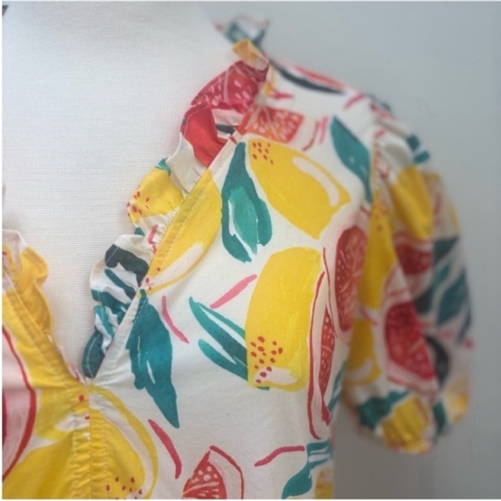 Donna Morgan Floral Dress Citrus Tiered Square Neck Cotton Yellow Red Size 6 - Picture 6 of 13